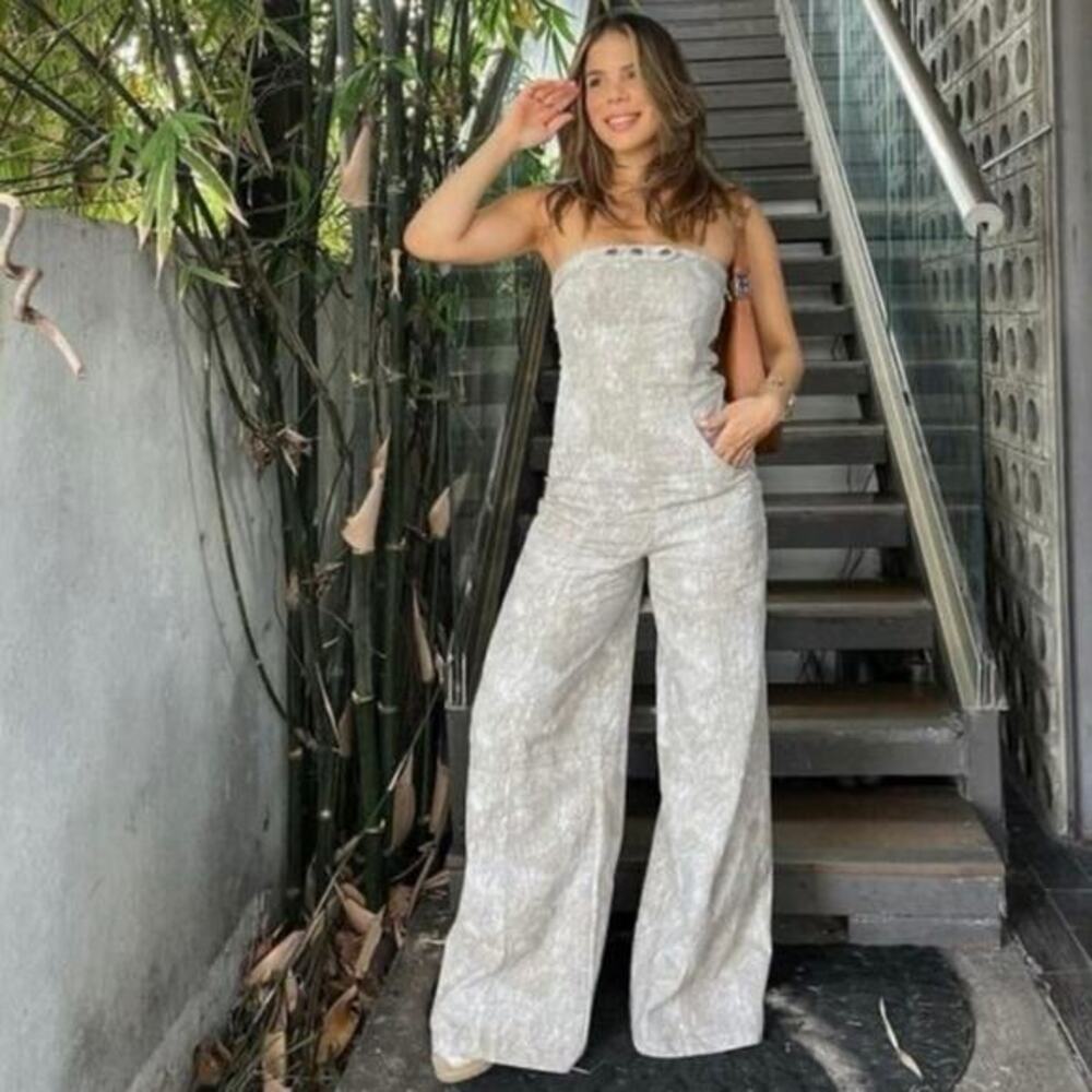 Zara Linen Blend Jumpsuit Large printed‎ strapless wide leg metallic BLOGGER FAV
